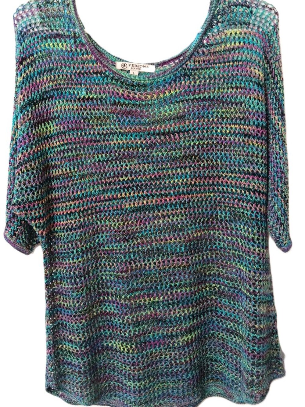Versona Women's Multi-color Crochet Mesh Knit Pullover Boho Festival  - L